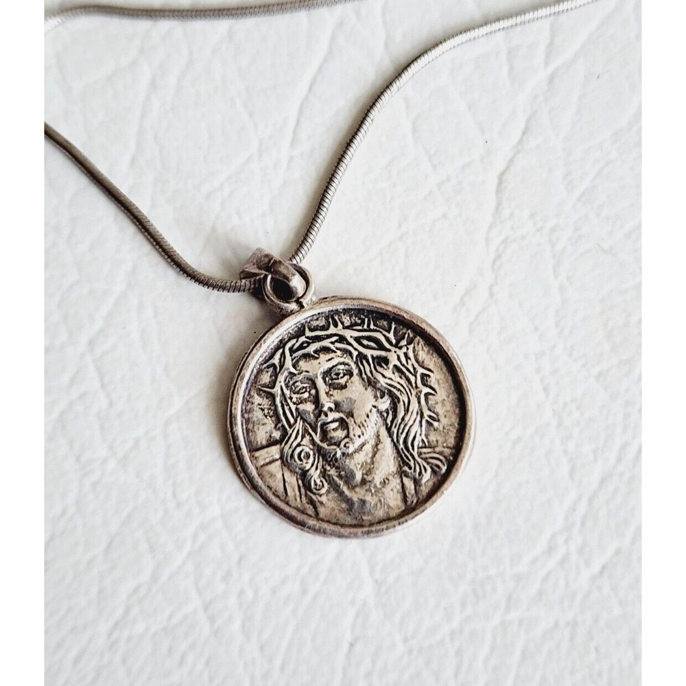 VINTAGE JESUS CROWN THORNES STERLING SILVER PENDANT RELIGIOUS MEDAL 1" PRAYER 7g